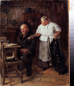 Irettesættelsen (Skælden). Et ældre ægtepar i deres indre, konen bebrejder sin mand og viser ham sin tegnebog. Maleri af Vladimir Yegorovich Makovsky (Makovsky, Makovskij) (1846-1920), olie på lærred af Vladimir Egorovic Makovsky