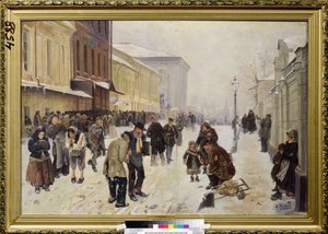 Natteasylet (Dosshouse). Gadebillede, en flok trængende, hjemløse mennesker er samlet foran receptionsbygningen, der lider af kulde og fattigdom. Maleri af Vladimir Yegorovich Makovsky (Makovsky, Makovskij) (1846-1920), olie på lærred af Vladimir Egorovic Makovsky