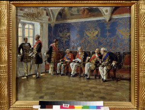 Venter på et publikum. Venteværelse med karakterer i officielt kostume med alle æresdekorationer og attributter fra deres adel og funktioner venter og diskuterer, før de bliver modtaget af zaren. pei af Vladimir Egorovic Makovsky
