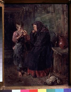 Genforeningen (Genforeningen). En mor, der er kommet for at besøge sit barn, stok og rygsæk liggende på jorden, hun bærer stadig sin frakke og sit tørklæde på hovedet og fortærer sin søn med øjnene, mens han spiser en slags brioche. Han er barfodet, af Vladimir Egorovic Makovsky