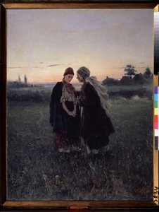 Mor og datter (Mor og Datter). Dialog og selvtillid mellem generationerne ved mørkets frembrud, den unge pige ser uendeligt trist ud. I baggrunden, en lille landsby på landet, er de to kvinder iført traditionelle kjoler. Maling af af Vladimir Egorovic Makovsky
