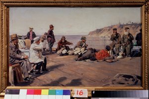 På dækket (On the Deck). Rejsende af alle klasser på en båd, der sejler langs kysten. Maleri af Vladimir Yegorovich Makovsky (Makovsky, Makovskij) (1846-1920), olie på lærred af Vladimir Egorovic Makovsky