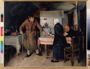 Et skænderi ved kortspil. Omkring bordet i et beskedent køkken spiller gamle mennesker kort, en af ​​dem rejser sig utilfreds og fordømmer spillet og taber kortene på gulvet. Overfor en gammel s af Vladimir Egorovic Makovsky