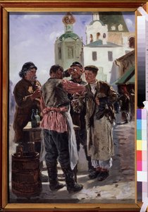 Sælger af Kvass (Kwass) (Kvas sælger). Fermenteret og mousserende drik, let alkoholisk og populær, med tilnavnet brødøl, russisk nationaldrik. Maleri af Vladimir Yegorovich Makovsky (Makovsky, Makovskij) (1846-1920), olie på lærred