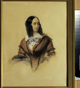 Portræt af Natalie Goncharova (1812-1863), hustru til digteren Alexander Pushkin (1799-1837). (Portræt af Natalia Pushkina, A. Pushkins kone). Værk af Vladimir Ivanovich Hau (Gau) (1816-1895), akvarel på pap
