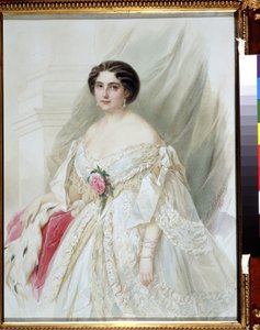 ""Portræt af en dame med en pelskappe"" Hun er klædt i en hvid kjole med bånd, øreringe og armbånd. Akvarel af Vladimir Hau (Gau) (1816-1895) 1860 Privat samling