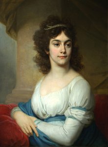 Portræt af en ukendt kvinde i hvid kjole med blåt bånd, slutningen af 1790