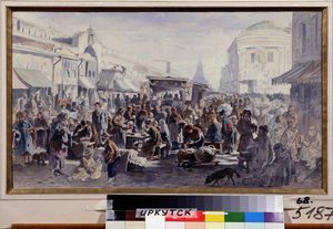 Loppemarkedet i Moskva (Rusland) (The Second Hand Market In Moscow). Gadebillede, med karakterer i plettet og lappet tøj, nogle spiser ved borde foran en barak, andre ser på varerne, der tilbydes, atter andre gemmer sig af Vladimir Yegorovich Makovski