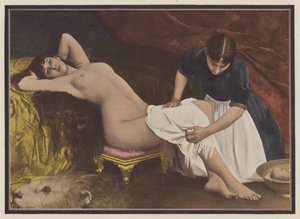 Kvinde står ud af sengen (farve litho)