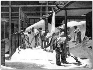Sukkerfremstilling på Counterslip-raffinaderiet, Bristol, 1873. af WB Murray
