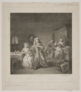 Barselsstuen III. akt 6. scene. Gravering efter Lorenzens Holberg Galleri. af WIlhelm Heuer