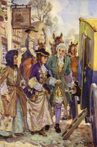 "Hans herredømme førte damerne ind i køretøjet" (farve litho) af W.R.S. (after) Stott
