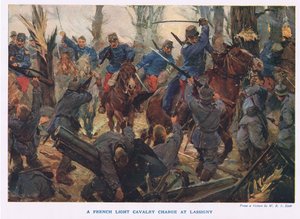Det franske lette kavaleri angriber Lassigny (farve litho)