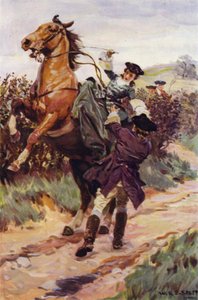 "Det uregerlige dyr kastede sin dejlige byrde fra ryggen, og Jones fangede hende i sine arme" (farve litho)