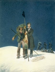 Charles Fellows med William Hawes, Plants a Baton on the Summit, inkluderet som en indsættelse i A Narrative of an Ascent to the Summit of Mont Blanc af Charles Fellows (1799-1860), udgivet 1827 (wc on pa) af W.S. Hastings