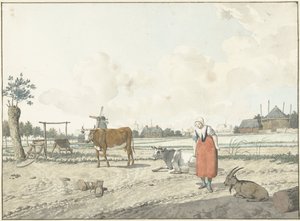 Landskab med bondekone og kreaturer af W. Barthautz
