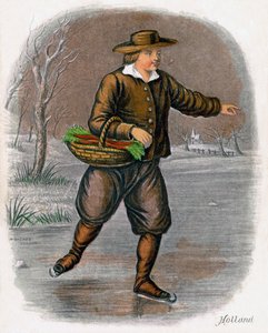 Hollandsk mand, der løber på skøjter med en kurv af grøntsager, 1809.