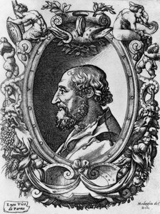Portræt af Ludovico Ariosto (1474-1533), italiensk digter og dramatiker, Medaglie del Doni, gravering af Enea Vico (1523-1567) af John Ward Dunsmore