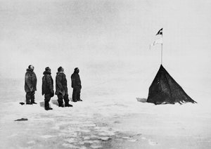 Roald Amundsen, Helmer Hanssen, Sverre Hassel og Oscar Wisting foran det rejste telt på Sydpolen, 16. december af John Ward Dunsmore