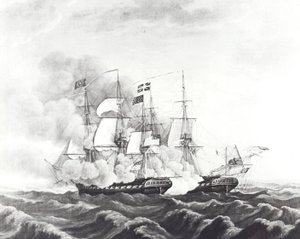 USS Constitution og HMS Guerriere (litho) af John Ward Dunsmore