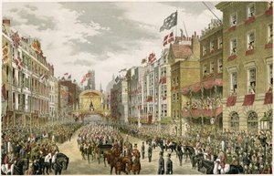 Procession on the Strand, Temple Bar, Strand, London, Storbritannien (farvegravering) af W. H. Russell