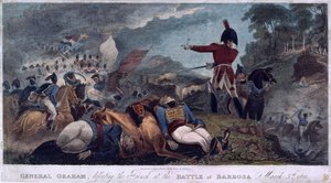 General Graham besejrede franskmændene i slaget ved Barrosa, indgraveret af J. Edwards, udgivet af Almanack Stationers, 1812 af W. Hal Brooke
