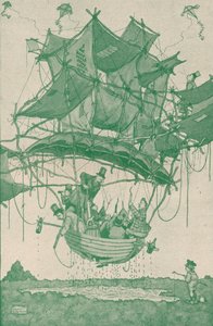 En ret tidlig type vandflyvemaskine, der laver en prøveflyvning fra Hampstead Ponds, c1918 1919 af William Heath Robinson