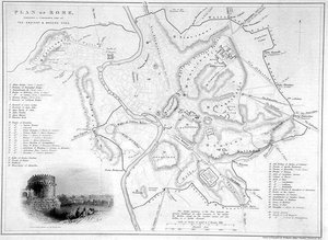 Rom, Italien: Sammenlignende kort over gamle og moderne steder, ca. 1850 (gravering) af W Hughes