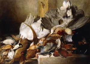 Et stilleben af døde fugle; En hejre, der hænger fra en væg, and, fasan, agerhøne, skovsneppe, en svane og en due med en hare, 1845 af W. Oakes