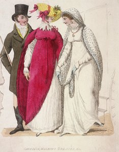 To kvinder iført vandrekjoler ledsaget af en mand, c1810