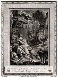 Orpheus, ved sin stemme og lyre, tiltrækker opmærksomheden fra Animals, Rocks and Trees, 1774.