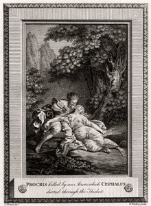 Procris dræbt af en pil, som Cephalus drønede gennem krattet, 1775 af W. Walker