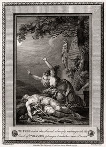 Thisbe tager det sværd, der allerede lugter af Pyramus blod, kaster det ind i..., 1775. af W. Walker