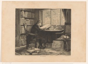 Mand læser foran sit studieværelse Bogormen (titel på objekt) af W. Wright Nooth