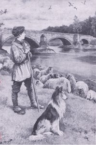 Synet af den gamle romerske bro ved Musselburgh vækker fantasien hos hyrdedrengen John Rennie fra My Magazine, pub.1922 (litho) af Wal Paget