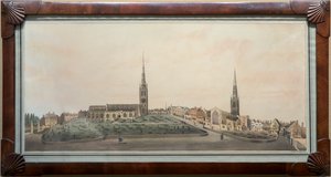 En panoramaudsigt over byen Coventry (wc med pen og blæk på papir) af Walker