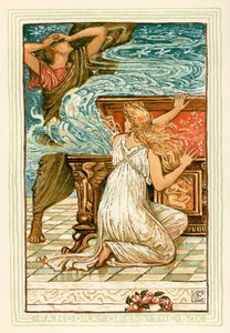 Pandora åbner æsken (farvelitografi) af Walter (after) Crane