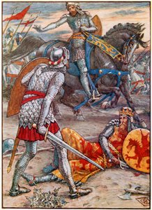 Sir Lancelot forbyder Sir Bors at dræbe kongen (farvelitografi) af Walter (after) Crane