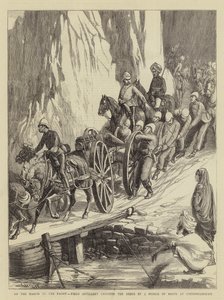 På march til fronten, feltartilleriet krydser Indus med en bro af både ved Khooshiahgurh