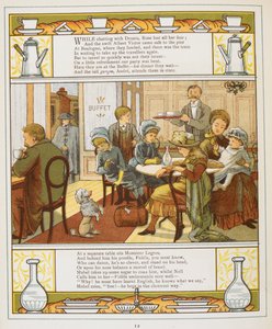 En familie med forfriskninger i en buffet. Farveillustration fra 