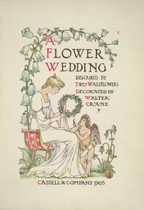 En siddende kvinde med en guirlande; en engel kigger op på hende af Walter Crane