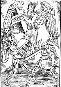 Allegori om Walter Crane: Socialismen sejrer hårdt i kampen mellem liberalisme og torysme (det engelske konservative parti). Stik fra slutningen af 1800-tallet. af Walter Crane