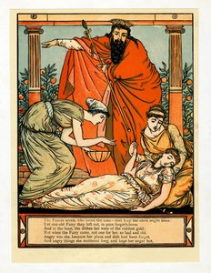 Og ned falder hun i dødslignende søvn,, fra The Blue Beard Picture Book, pub. 1879. af Walter Crane