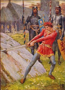 Arthur trækker sværdet fra stenen, 1911. af Walter Crane