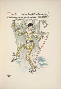 Dødelig natskygge. En mand iført en maske, et gult kostume og holder en æggeur og en le af Walter Crane