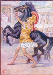 Han løb hen mod hesten og greb tøjlen, illustration fra The Story of Greece, 1930