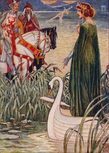 Kong Arthur beder Lady of the Lake om sværdet Excalibur, 1911. af Walter Crane