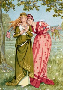 Middelalderen: "Han elsker mig, han elsker mig ikke" En ung pige efterlader en marguerit for at finde ud af, om den mand, hun er forelsket i, elsker hende. Illustration af Walter Crane (1845-1915) Privat samling af Walter Crane