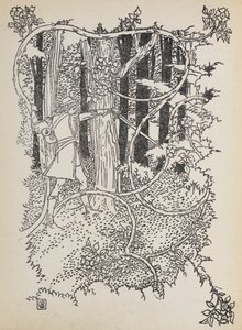 Prince Charming skærer sig vej gennem den tilgroede skov til Tornerose. af Walter Crane