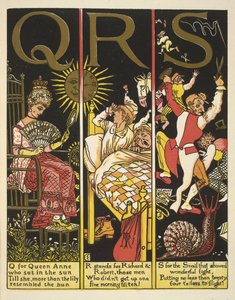 QRS- Q for Queen Anne; R står for Richard & Robert; og S for sneglen af Walter Crane